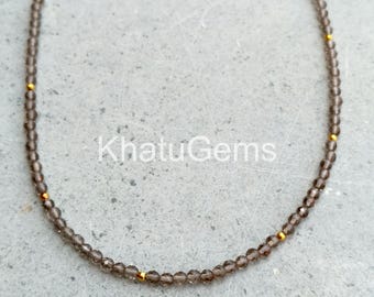 Smoky Quartz Necklace 3mm Faceted Beads, Brown Gemstone Jewelry, Dainty Minimalist Layering Necklace, Healing Crystal Gift for Her