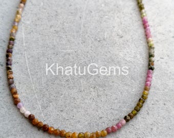 Multi Tourmaline Necklac 2mm, Natural Rainbow Tourmaline Beaded Necklace, Smooth Round Gemstone Jewelry, Colorful Gift for Her
