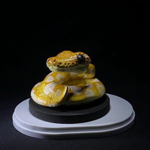 May include: A coiled ceramic snake figurine with a yellow and white spotted pattern. The snake's head is raised, and it has a black eye. The figurine is on a black and white circular base against a black background.