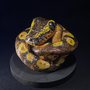 May include: A coiled ceramic snake sculpture with a brown and yellow pattern. The snake's head is raised, with black eyes and a yellow stripe. The sculpture is on a black, round base.