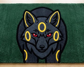 Dark Anime Wolf Tufted Rug, Umbra Inspired Gaming Room Decor, Black Wolf Carpet