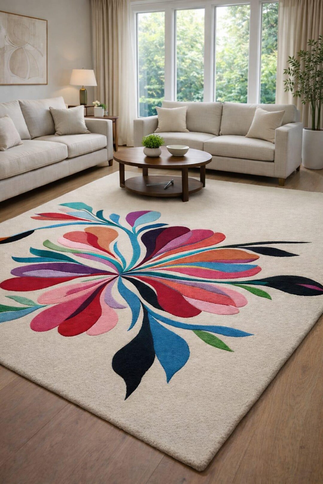 Hand Tufted Wool Rug – Modern Floral Cut Pile Carpet - Etsy