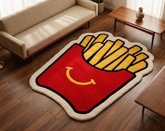 Rolig pommes frites tuftad matta, tecknad matplatsmatta, kawaii smiley heminredning