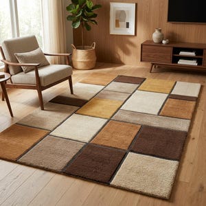 Mid Century Modern Rug | 70s Retro Geometric Color Block Area Rug | Hand Tufted Wool Carpet | Brown Beige | Living Room | 8x10 Custom Size