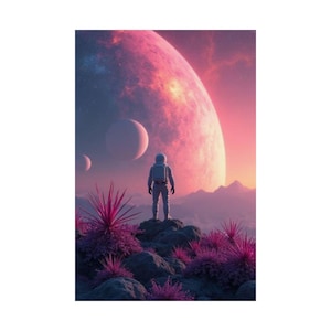 Póster vertical mate de astronauta al atardecer extraterrestre, paisaje espacial de ciencia ficción