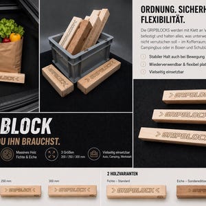 Organizador de maletero antideslizante de madera con cierres de velcro "GripBlock" - accesorio para furgoneta camper - coche - roble abeto - 200 250 300 mm - juego de 1 3 5