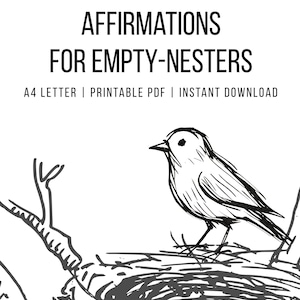 Puede incluir: Ilustración en blanco y negro de un pájaro en un nido, con el texto "12 - AFIRMACIONES IMPRIMIBLES PARA PADRES CON HIJOS INDEPENDIENTES". La imagen también incluye detalles sobre el formato: A4, PDF imprimible y descarga instantánea.