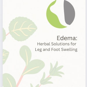 Puede incluir: Gráfico informativo de color crema claro con el título "Edema: Soluciones herbales para la hinchazón de piernas y pies". El diseño incluye un gráfico de pie verde y gris e ilustraciones botánicas.