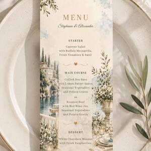Lake Como Wedding Menu Template, Editable Canva Wedding Menu, Italian Destination Wedding, 4x9 Printable Menu Card, Instant Download