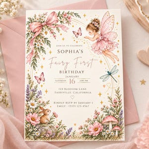 Könnte beinhalten: Eine rechteckige Einladungskarte für Sophias ersten Feengeburtstag am 16. Januar um 14:00 Uhr in der 123 Blossom Lane, Fairyville, Kalifornien. Das Design zeigt eine Fee, einen Hasen, Schmetterlinge, eine Libelle, Blumen und Pilze.