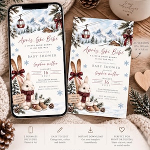 Könnte beinhalten: Eine digitale Babyparty-Einladungsvorlage mit einer winterlichen Berglandschaft, einer Seilbahn, Tannenbäumen und einem weißen Kaninchen mit rotem Schal. Der Text lautet Après Ski Bébé, A Little Snow Bunny Is On The Way, Baby Shower, Sophia Miller, 16. Januar 2027, The Garden House, Sunnyvale, California, und RSVP bis zum 2. Januar.