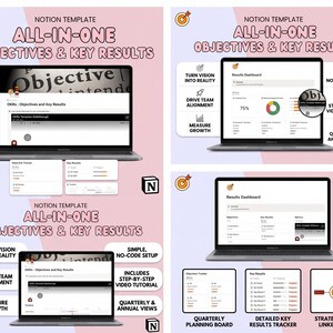 May include: A digital Notion template, "ALL-IN-ONE OBJECTIVES & KEY RESULTS", shown on a laptop. The image displays dashboards, trackers, and a video tutorial. The design includes icons and text promoting features like team alignment and growth measurement.