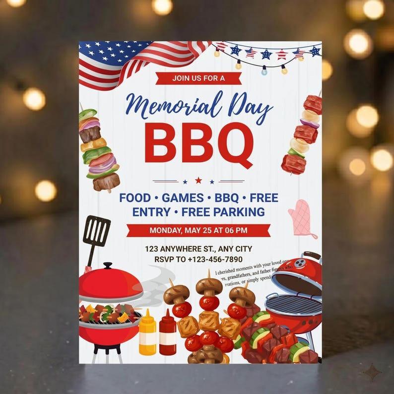 Memorial Day BBQ Invitation, Editable Canva Template, Patriotic Party ...