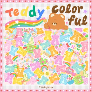 Puede incluir: Una colorida ilustración con numerosos diseños de osos de peluche en varios colores, incluyendo rosa, amarillo, azul y naranja. Las palabras "Teddy" y "colorido" se muestran en fuentes lúdicas, junto con otros elementos de texto.
