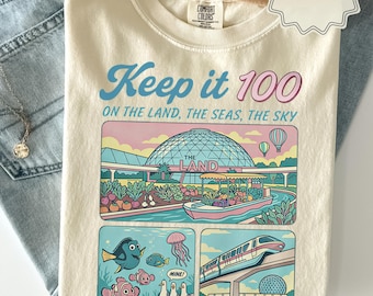 Keep It 100 Shirt, Eras Tour Disney Gift, The Land The Seas The Skies WDW Tshirt, Retro Magic Kingdom Theme Park Tee, Disney Epcot Shirt