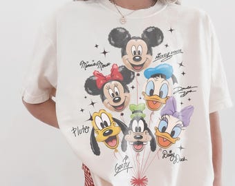 Retro Mickey and Friends Balloon Shirt, Mickey Minnie Donald Daisy Goofy Pluto, Disneyland Trip Family Outfit, Cute Disney Friends Tee