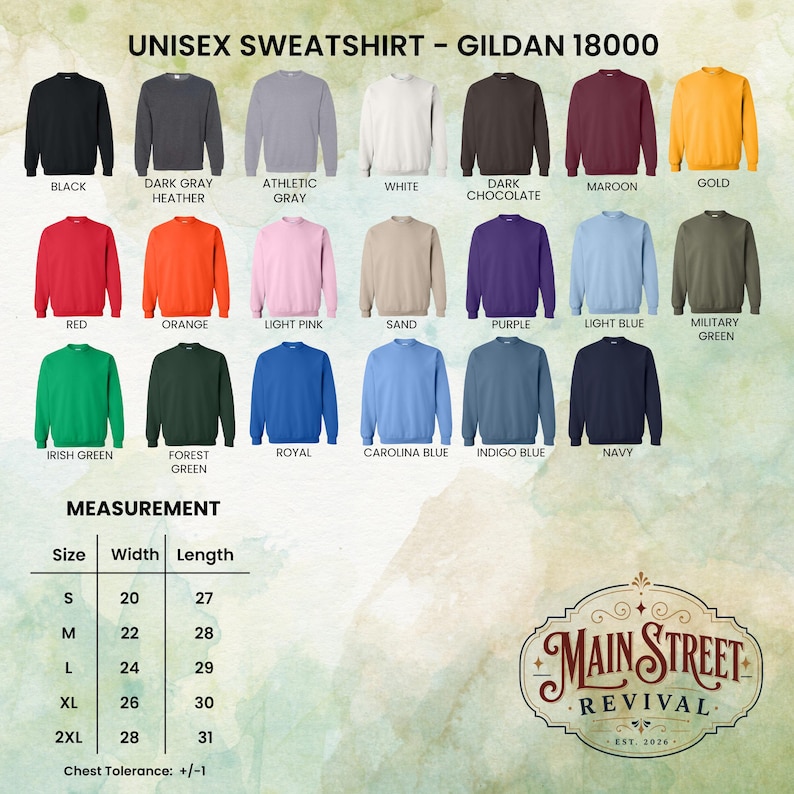 Peut inclure: Pr&eacute;sentation de sweatshirts unisexes Gildan 18000 dans diverses couleurs, dont noir, rouge et marine. L'image comprend un tableau des tailles avec des mesures en cm et le logo Main Street Revival.