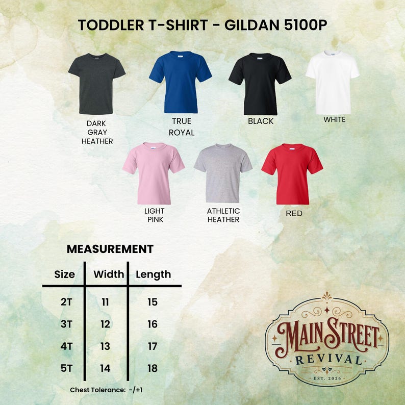 Peut inclure: Plusieurs t-shirts pour tout-petits de diff&eacute;rentes couleurs : gris fonc&eacute;, bleu roi, noir, blanc, rose clair, chin&eacute; athl&eacute;tique et rouge. L'image affiche &eacute;galement un tableau des tailles avec des mesures en cm et le texte "Main Street Revival".