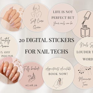 Puede incluir: Un conjunto de 20 pegatinas digitales circulares para técnicos de uñas en tonos beige y rosa suave. Las pegatinas incluyen ilustraciones de líneas de manos, frascos de esmalte y textos como "Self Care Queen", "20% OFF GEL POLISH" y "Fully booked!"
