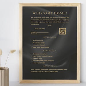 Airbnb Welcome Sign Canva Template, Black Gold Guest Guide, WiFi QR Code Poster, House Rules, Vacation Rental Sign
