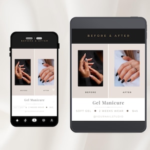 Puede incluir: Un teléfono inteligente y una tableta que muestran un anuncio digital de manicura en gel. La pantalla muestra una comparación de antes y después de las uñas, con el texto Gel Manicure, Soft Gel, 2 Weeks Wear y el usuario @yournailstudio.