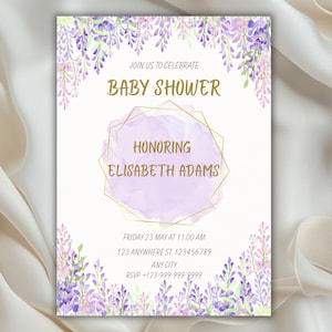 Purple Lavender Baby Shower Invitation, Watercolor Floral Invite, Gold Frame Baby Shower Girl, Editable Canva Template, Digital Bday, DIY
