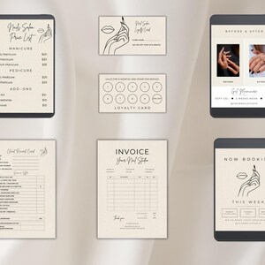 May include: A collection of beige nail salon business templates including a price list, loyalty card, before and after display, client record card, invoice, and booking announcement, all featuring black line art of hands and minimalist typography.