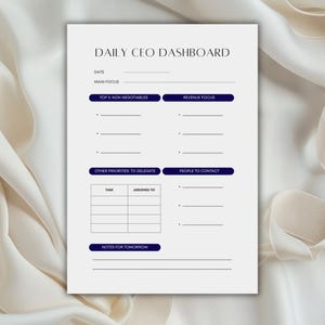 Pode incluir: Um planejador de painel diário do CEO branco com texto e detalhes em azul escuro. O planejador inclui seções para data, foco principal, 3 principais itens não negociáveis, foco em receita, outras prioridades para delegar, pessoas para contatar e notas para amanhã.
