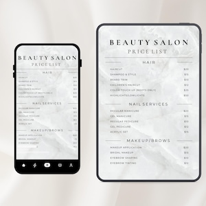 Puede incluir: Una lista de precios de salón de belleza mostrada en un teléfono inteligente y una tableta. La lista detalla los servicios de cabello, uñas y maquillaje, con precios en dólares estadounidenses. El fondo tiene una textura de mármol.