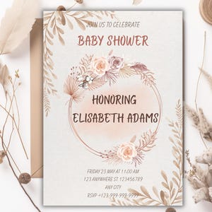 Wildflower Baby Shower Invitation Girl, Boho Floral Invite, Neutral Pink Garden Flowers, Rustic Botanical Theme, Editable Canva Template,DIY