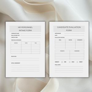 May include: Two white HR forms with black text. The left form is titled "HR Personnel Intake Form" and includes fields for candidate information and previous experience. The right form is titled "Candidate Evaluation Form" with fields for skills and comments.