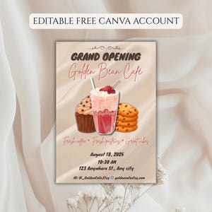 Puede incluir: Un cartel promocional para la inauguración de Golden Bean Cafe. La ilustración incluye una bebida en capas, una magdalena y galletas. El texto muestra el nombre del café, la fecha, la hora y la dirección.