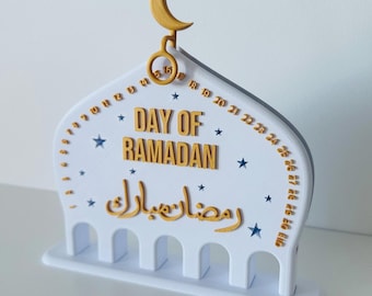 Mosque Ramadan Countdown Calendar with magnetic moon – White Gold Moon Decor - EID