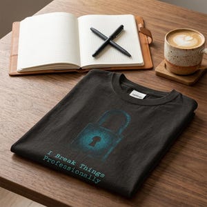 Puede incluir: Una camiseta gris oscuro con un candado turquesa y el texto "I Break Things Professionally". La camiseta está sobre una mesa de madera, junto a un cuaderno, bolígrafos y una taza de café.