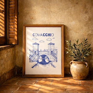 Cartel Comacchio, ilustración Emilia-Romagna inchiostro blu, arte mural Italia, canales veneziani, decoración