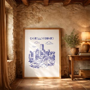 Poster Castell'Arquato, illustrazione Emilia-Romagna inchiostro blu, borgo medievale Italia, arte murale, decorazione