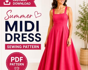 Midi Dress Sewing Pattern, Square Neck Fit Flare, Instant Download (PDF)