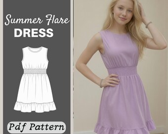 Fit and Flare Dress Sewing Pattern PDF, Summer Dress Pattern, Sleeveless Smocked Waist Dress, Ruffle Hem, Digital Download XS-3XL