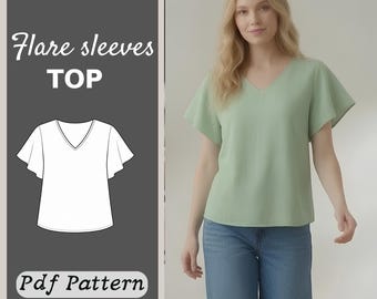 Flare Sleeve Top Sewing Pattern PDF: Women’s V-Neck Blouse, Instant Download, Sizes XS–3XL