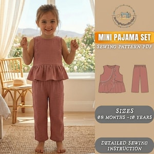 Kids Pajama Set Sewing Pattern PDF, Toddler PJ Set, Girls Sleepwear Pattern, Easy Kids Clothing Pattern, Instant Download 8M–10Y