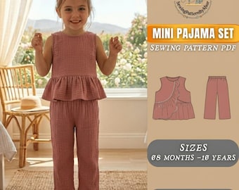 Cartamodello PDF per pigiama per bambini, set pigiama per neonati, cartamodello per pigiama da bambina, cartamodello facile per abbigliamento per bambini, download immediato 8 mesi–10 anni