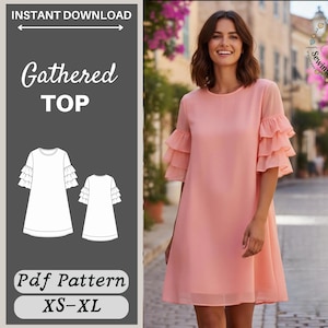 Aura Gathered Top Sewing Pattern, Ruffle Sleeve, Relaxed Fit, Beginner Friendly (Digital PDF)