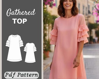Aura Gathered Top Sewing Pattern, Ruffle Sleeve, Relaxed Fit, Beginner Friendly (Digital PDF)