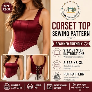 Può includere: Un modello di cucito per corsetto bordeaux con scollatura quadrata. L'immagine include una vista frontale e posteriore del corsetto e il testo "CORSET TOP SEWING PATTERN" e "TAGLIE XS-XL". Il modello è adatto ai principianti e include istruzioni passo passo.