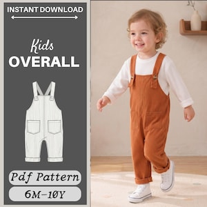 Può includere: Un modello PDF digitale per una salopette da bambino, con un disegno tecnico a linee dell'indumento con due tasche frontali e spalline con bottoni. Il testo recita INSTANT DOWNLOAD, Kids OVERALL, Pdf Pattern e 6M-10Y su sfondo grigio.