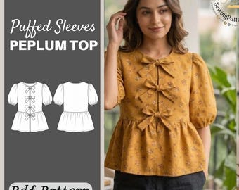 Peplum Top puffed sleeve Sewing Pattern (PDF) – Beginner Friendly