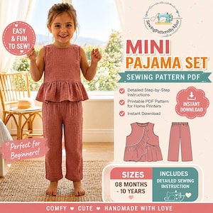 May include: A young girl wearing a dusty rose pajama set. The set includes a sleeveless top with a ruffled peplum and matching pants. The image also features text that reads "MINI PAJAMA SET SEWING PATTERN PDF" and "EASY & FUN TO SEW!"