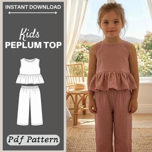 May include: A dusty rose sleeveless peplum top and matching wide-leg pants set made of textured fabric. The image includes a gray sidebar with the text "INSTANT DOWNLOAD", "Kids PEPLUM TOP", and "Pdf Pattern" alongside a white line drawing of the outfit.