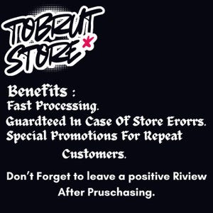 Pu&ograve; includere: Un cartello grafico nero con testo bianco che recita TOBRUT STORE, seguito da un elenco di vantaggi tra cui Fast Processing, Guardteed In Case Of Store Erorrs, Special Promotions For Repeat Customers e una richiesta di recensione positiva.