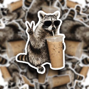 May include: A sticker of a raccoon wearing sunglasses, holding an iced coffee and making a peace sign. The sticker has a white border. The image is surrounded by other similar stickers, creating a fun, playful design.